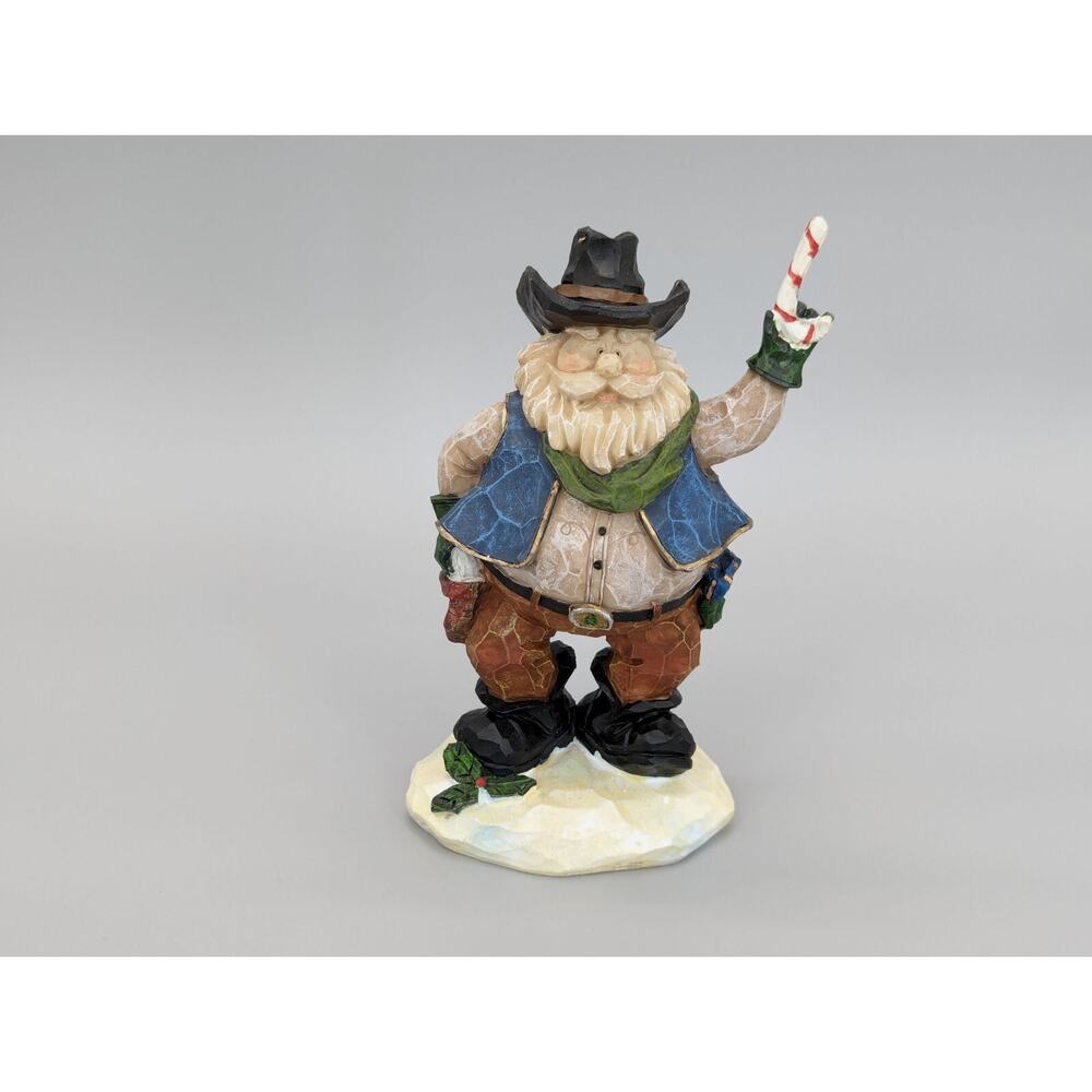 Carved Wood Painted Western Cowboy Santa Claus Figure 6.5” Candy Cane Gun